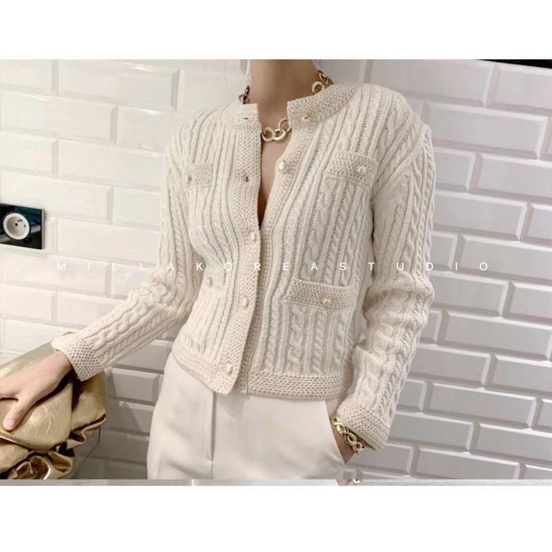 Autumn and Winter Short Knitted Sweater Pure Color Pearl Button Cardigan Top Fashion Simple Female Jacket