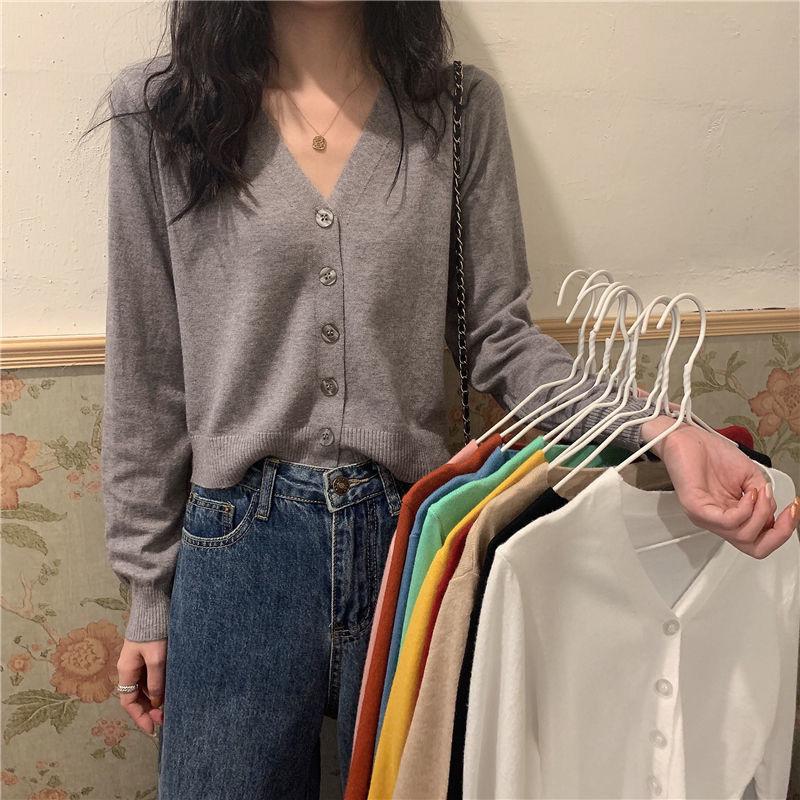 Spring and Autumn Style V-neck Cardigan Jacket Long Sleeve Thin Slim Sweater Short Sleeve Sweater Women Trendy