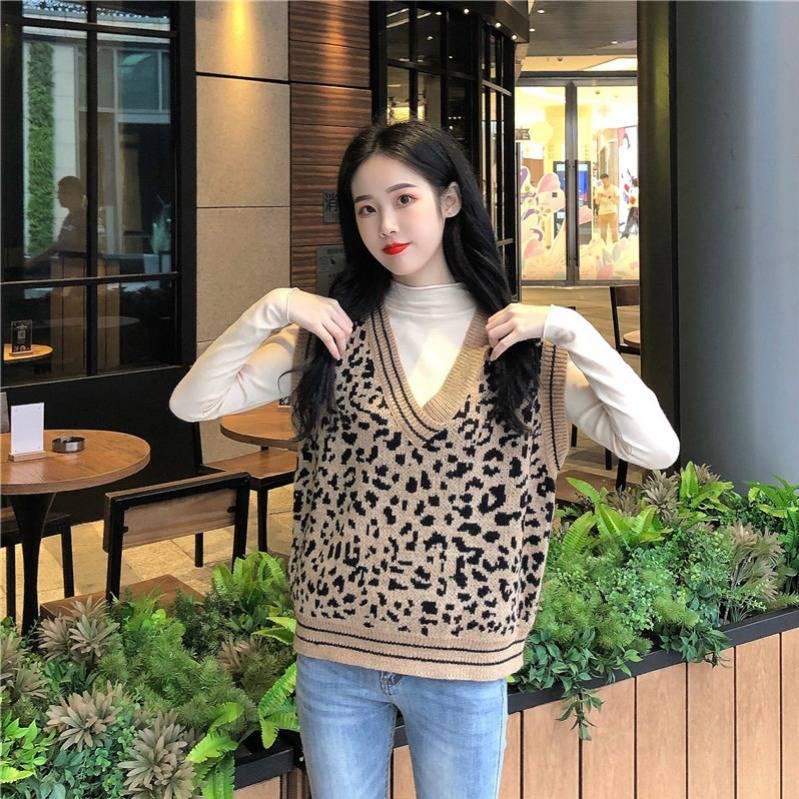 Leopard V-neck Sweater Vest Women's Loose Wild Pullover Knitted Sleeveless Sweater