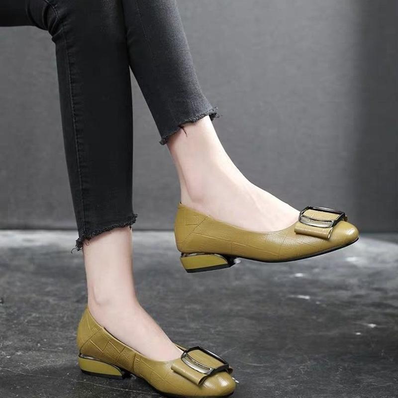 Genuine Leather Shoes Ladies Spring and Autumn Flat Thick Heel Shallow Mouth Mid-heel Casual All-match Low-heeled Leather Shoes