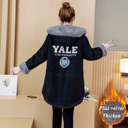 Women Flocking Denim Jacket Winter Ladies Mid-length Denim Parka Loose Plus Fleece Thick Hooded Coat