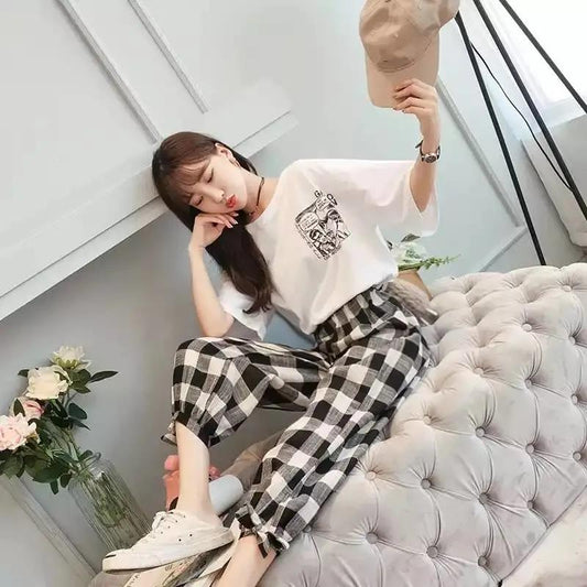 Suit Women's Round Neck Short-sleeved Shirt Loose Plaid Pants Suit Women Loose Summer Casual Women's Two-piece Suit