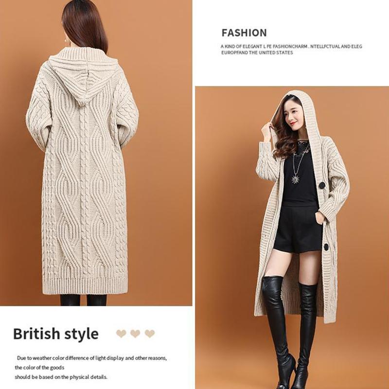 Hooded Knitted Cardigan Women's Outer Wear Autumn and Winter Long Loose Large Size Solid Color Sweater Jacket