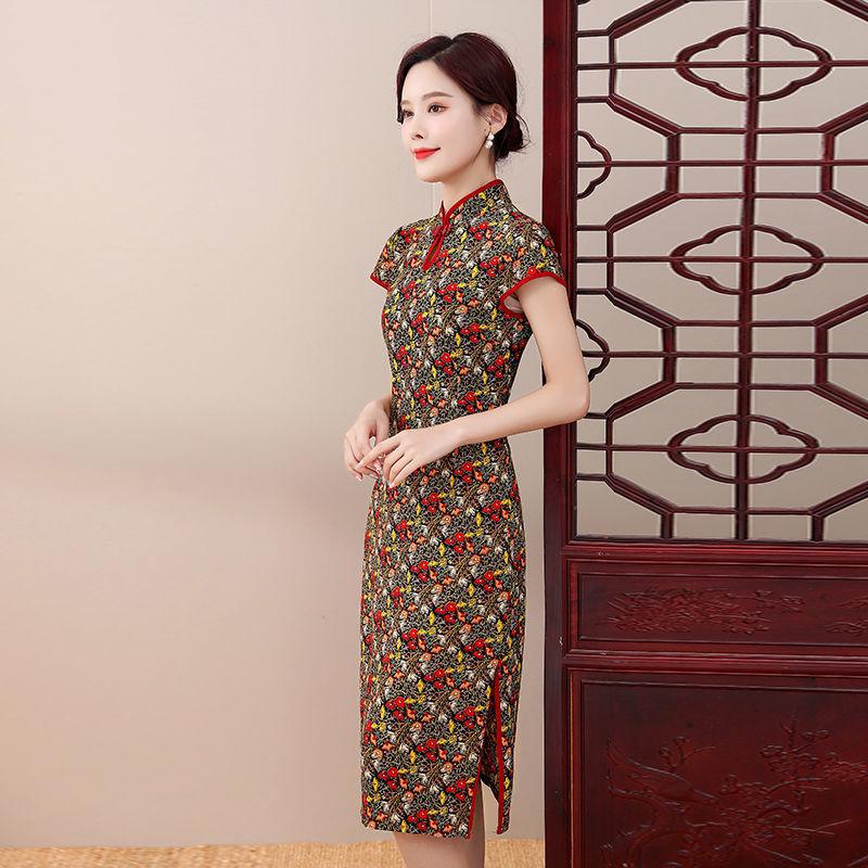 High-end Cheongsam Dress Fat Mother Covering Belly Loose Improved Version Dress Floral Ice Silk Cheongsam Women