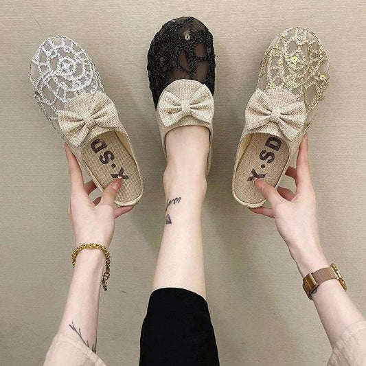 Lace Closed-toe Half Slippers Female Summer Hollow Linen Woven Loafers Lazy Outer Wear Sandals and Slippers