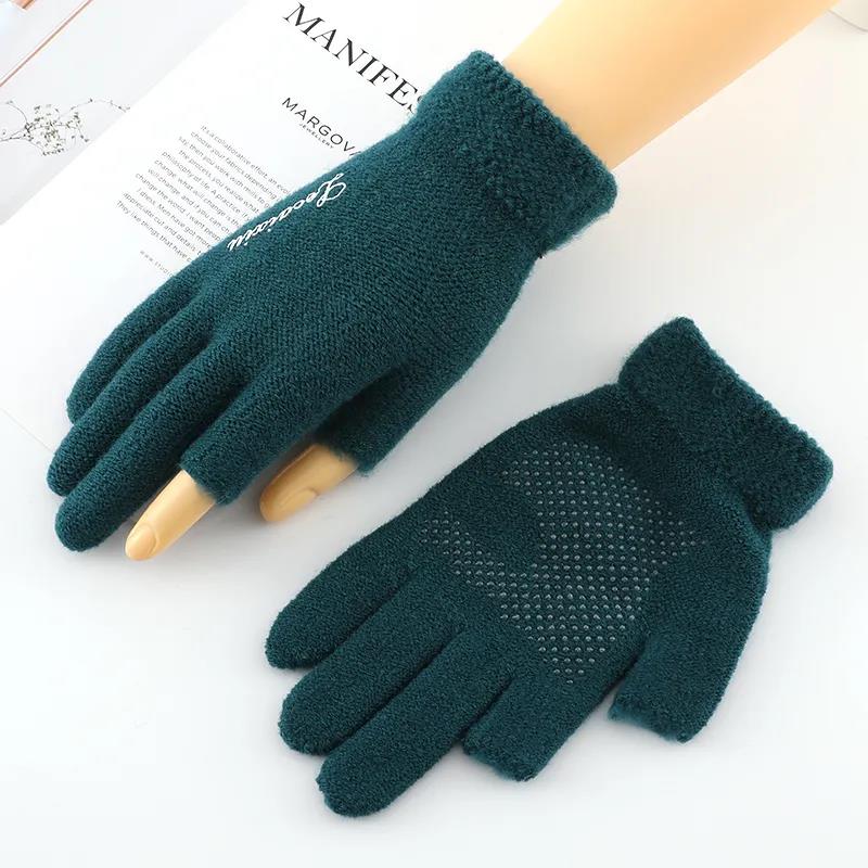 Women's Winter Touch Screen Gloves Warm Velvet Thick Half-finger Mittens Wool Non-slip Show Two-finger Office Driving Gloves Solid Knitting Gloves