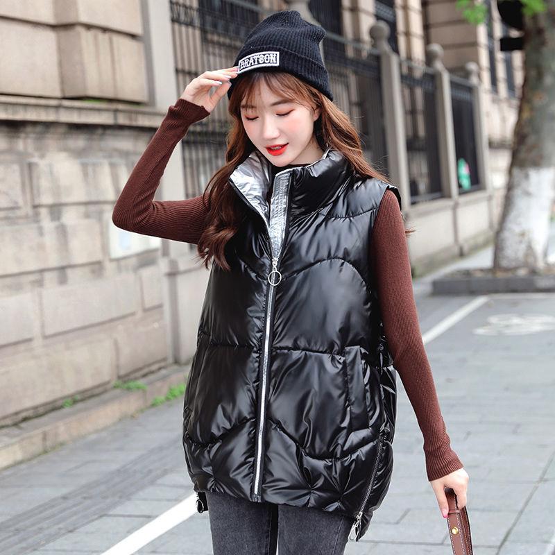 Glossy Stand-up Collar Hoodless Down Cotton Vest Women's Short Autumn and Winter Wear Thick Warm Jacket Loose Wild Vest Cotton Vest Vest