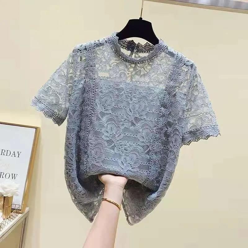 Women Summer Tops Vintage Short Sleeve Lace Tops Loose Elegant Slim Hollow Out Double Layer Anti Penetration Tops