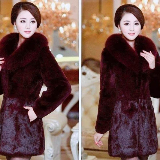 Haining Middle-aged and Elderly Women's Imitation Mink Fur Coat Female Mid-length Fox Fur Collar Plus Size Thickening Mother's Dress