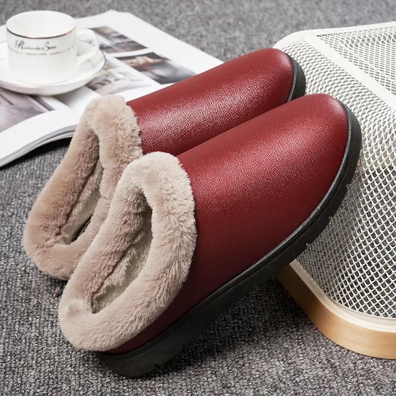 PU Cotton Slippers for Fall Winter Men's Women's Home Shoes Thick-soled Cotton Slippers with Waterproof and Non-slip Outer Wear