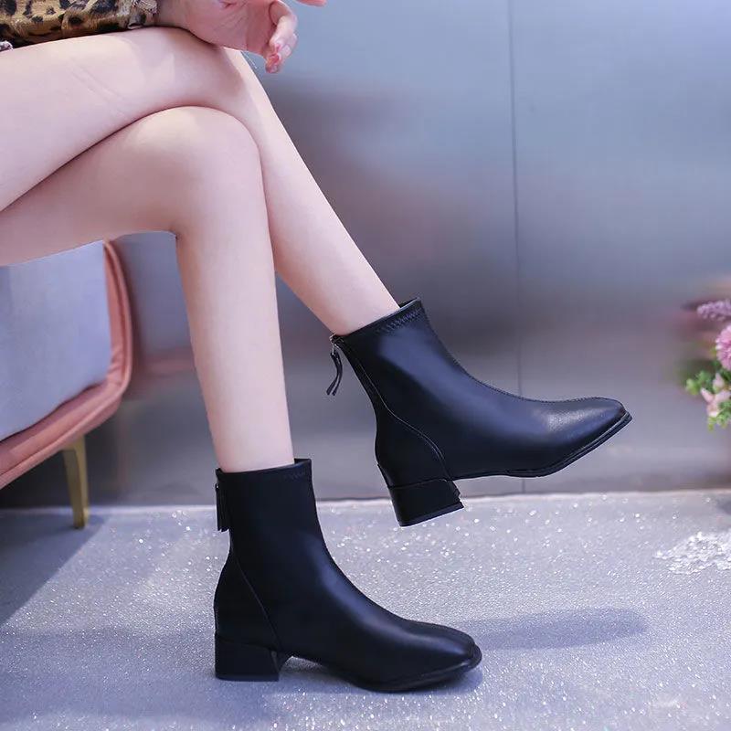 Thick Heel Martin Boots Spring and Autumn Single Boots Middle Heel Soft Leather Women's High Top Small Leather Shoes Short Boots