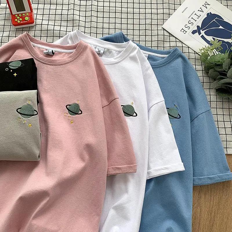 Women's Summer Cotton Tees Loose Breathable Embroidery Simple Short Sleeve Harajuku Cartoons T Shirt Tops