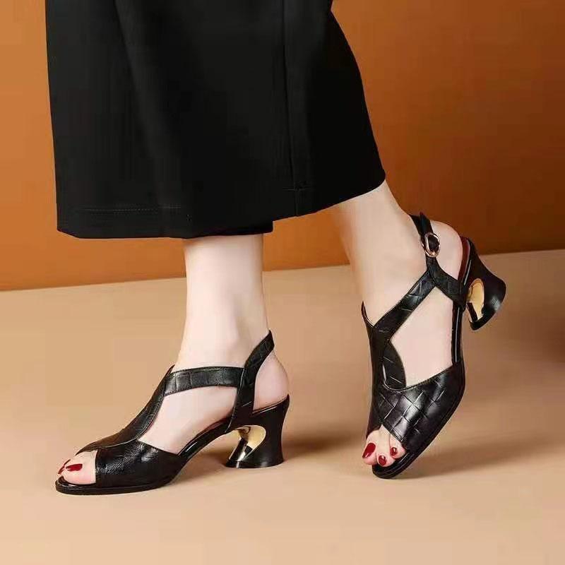 Women's Summer Embossed Cowhide Leather Sandals Middle Heel Fish Mouth Back Strap Sandals All-match Outer Wear Soft Bottom Wear-resistant Sandals