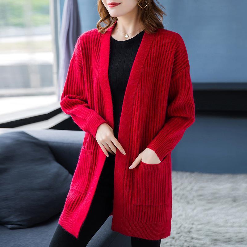 Autumn and Winter Cardigan Sweater Loose Casual Mid-length Top Clothes Solid Color Knitted Female Jacket