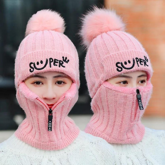 Winter Knitted Hat and Bib One-piece Korean Version Plus Velvet One-piece Woolen Hat Riding Windproof Ear Protection Warm Hat