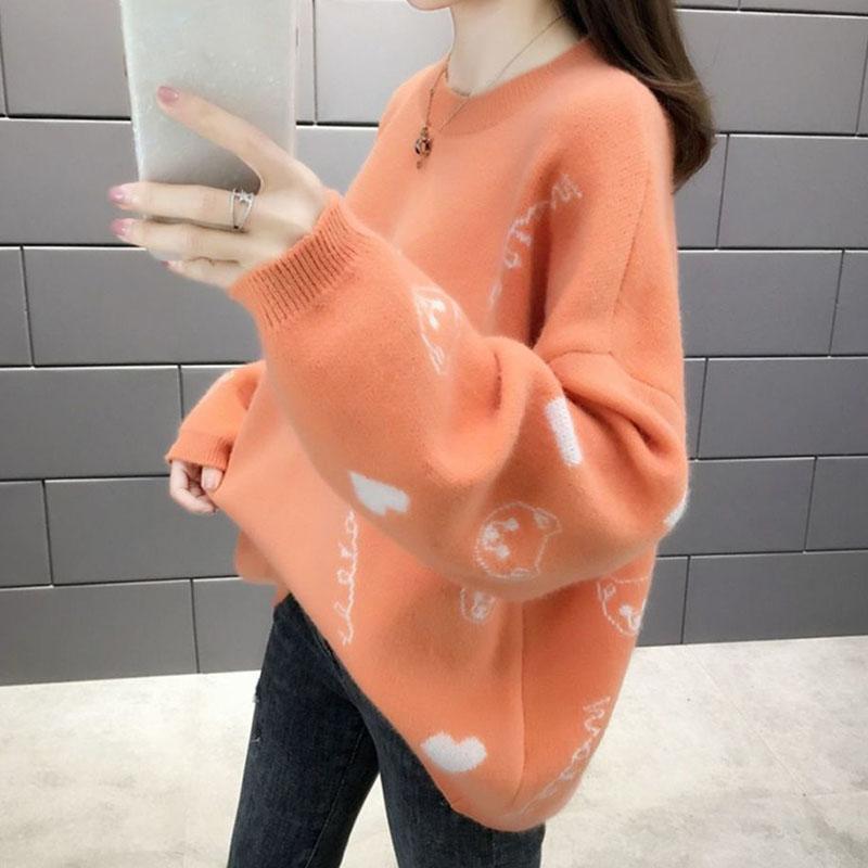 Autumn and Winter Thick Plus Size Sweater All-match Thinner Round Neck Jacket Lantern Sleeve Knitted Female Top