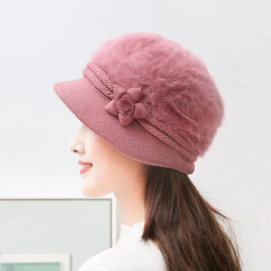 Two-piece Hat and Bib Women Winter Plus Velvet Thick Knitted Hat Rabbit Fur Duck Tongue Wool Hat