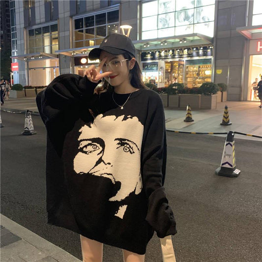 Autumn Winter Harajuku Character Printing Knitting Batwing Sleeve Sweater Casual Long Women Tide Printed Sweater Loose Boyfriend Pullovers