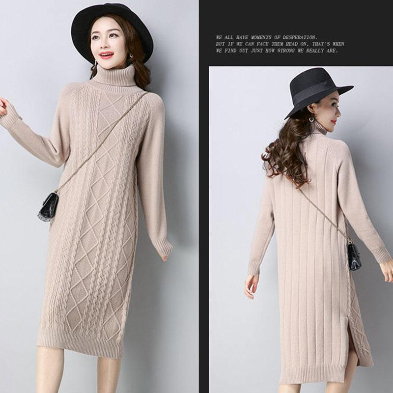 Autumn and Winter Thick Mid-length Sweater Dress Slim High Neck Knitted Bottoming Shirt Fashion Solid Color Women Sweater Dress