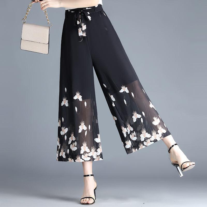 WTEMPO Women Chiffon Ankle-Length Pants Skirt-like Wide-leg Pants Loose High Waist Trousers Cool and Breathable