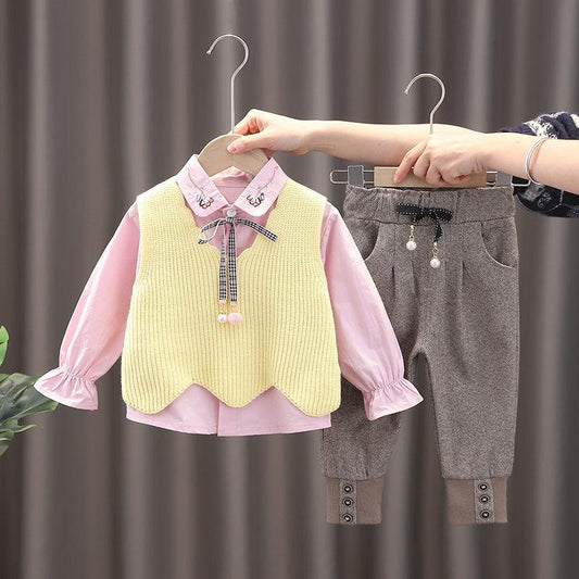 Female Baby Suit 0-5 Years Old Girl Korean Cute Spring and Autumn Clothes Long Sleeve Sweater Vest Three-piece