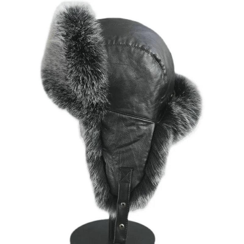 Women's Winter Fox Fur Ear Protection Caps Thicken Warm Fur Faux Leather Hat with Large Fur Collar Outdoor Windproof Cold Proof Fedoras