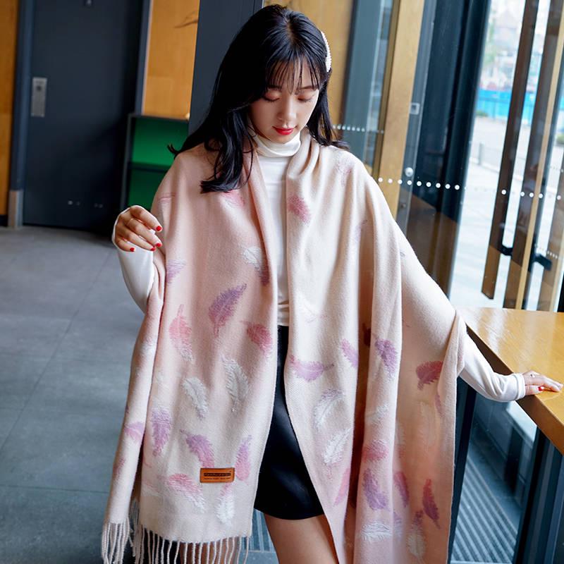 Winter Scarf Women Wool Feather Print Cashmere Scarf Pashmina Tassels Women Men Wrap Shawl