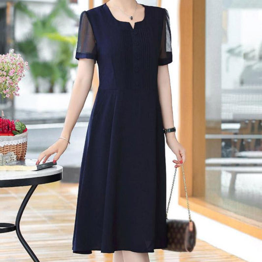 Solid Color Summer Dress Women V-neck Pocketed Short Sleeve A-line Dresses Holiday High Waist Slim Party Dress Female