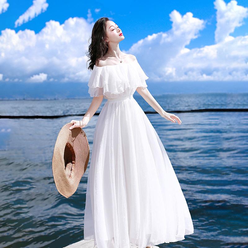 White Strapless Chiffon Dress Female One-line Collar High Waist Slimming Holiday Beach Skirt Plus Size Dress Off-shoulder One-line Skirt A-line Skirt