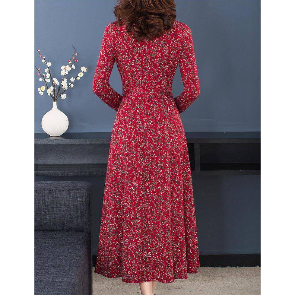 Slim fit long skirt floral skirt knitted dress women autumn and winter stand collar long sleeves