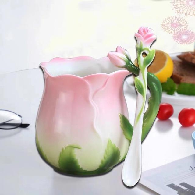 European Style Enamel Ceramic Coffee Mug Creative 3D Rose Flower Shape Teacups Pastoral 4 Colors Breakfast Milk Cups with Spoon