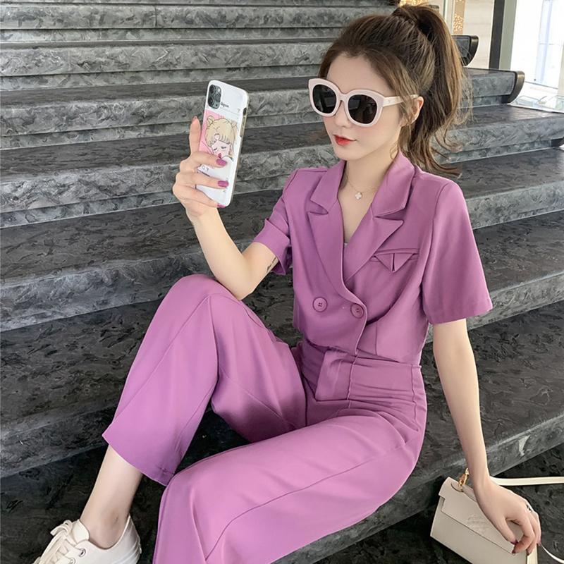 Summer Short Double-breasted Blouse with Wide Leg Trousers Suit Women's Casual Purple Two-piece Suit Women's Casual Suit Chiffon Fabric