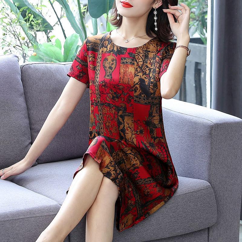 Ice Silk Retro Printed Dress Mid-length Fat Straight Skirt Round Neck Short-sleeved Ladies Loose Casual Dress Fabric Smooth Soft Light and Breathable