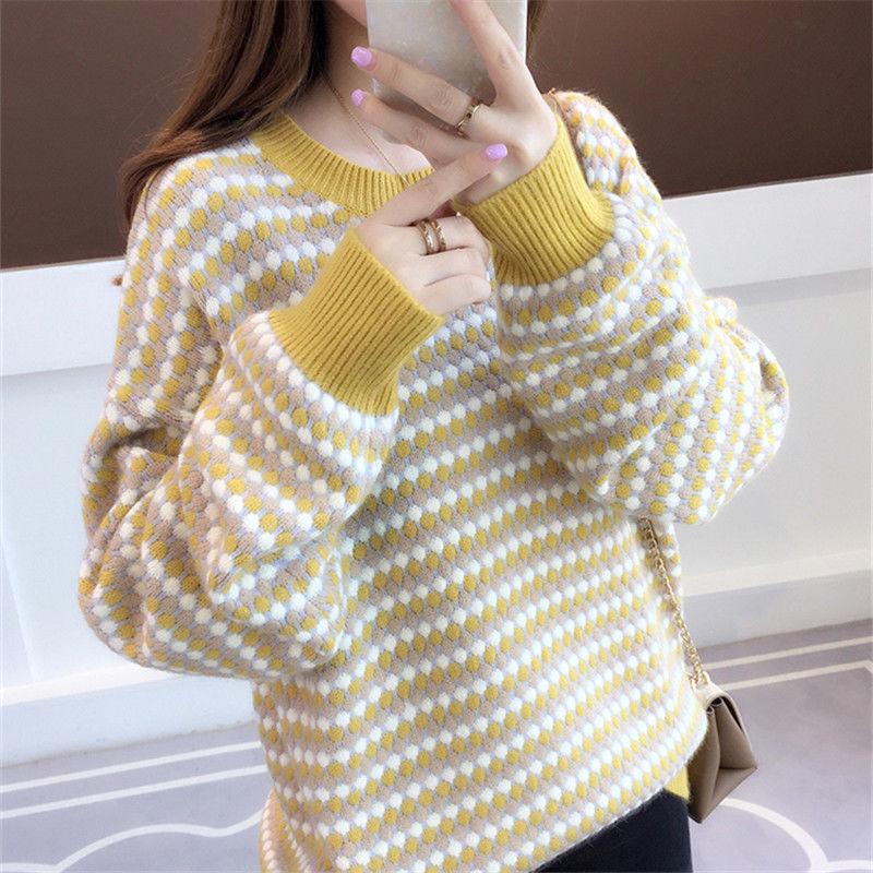 Winter striped sweater contrast women's Crew neck pullover loose  Plus Size  loose Knit Sweater warm