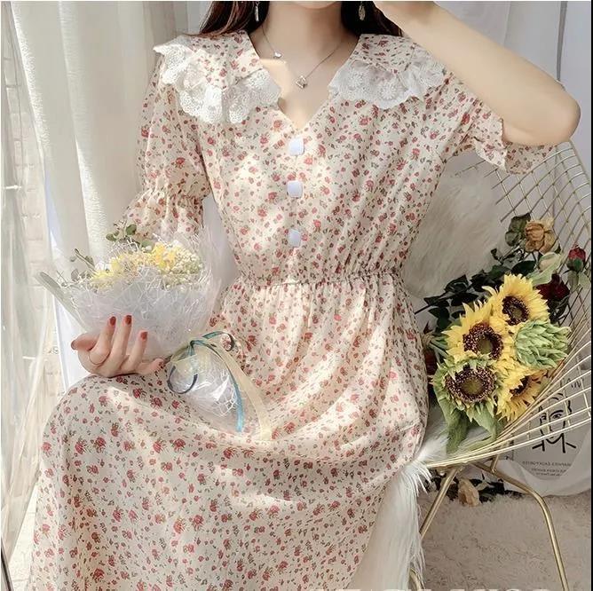 Women Summer Vintage High Waist Fairy Holiday Long Dress Elegant Slim Lace Peter Pan Collar Idyllic Floral Printed Dress