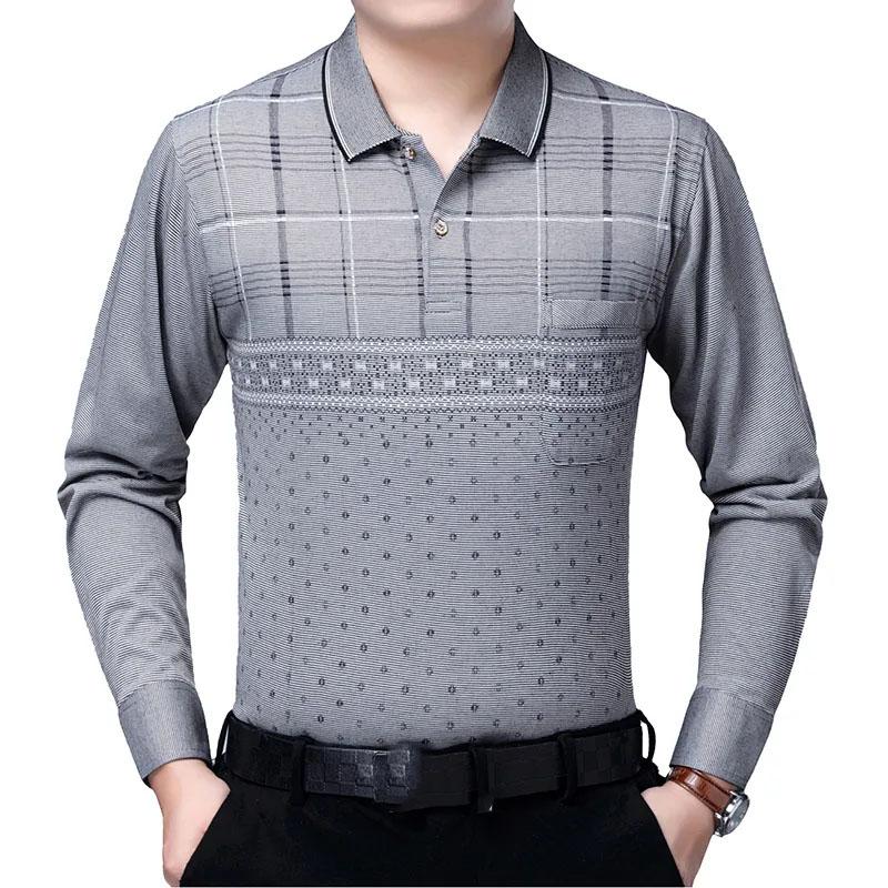 Men's Cotton Plaid Printed Polo Shirt Long-sleeved T-shirt Middle-aged Elderly Spring and Autumn Thin Tops Casual Business Lapel Shirts