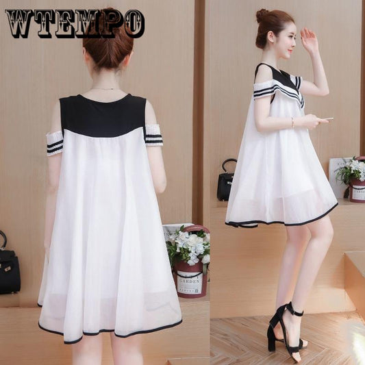 Summer new Korean version of the fake two large size women's short-sleeved long chiffon dress