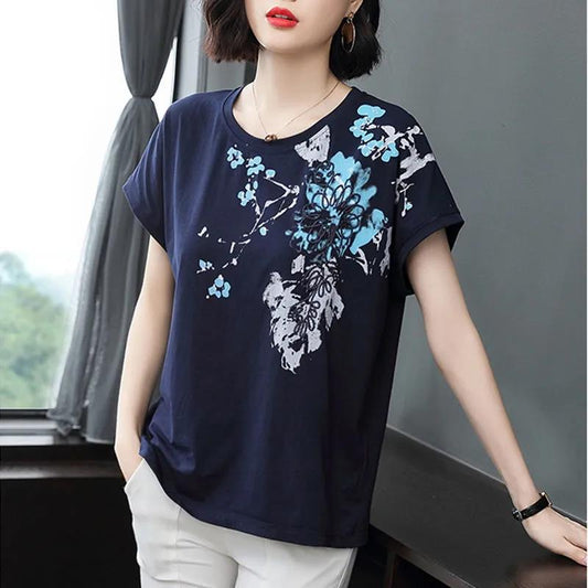 Boutique Short-sleeved Shirts Women Cotton T-shirts Casual Loose Pullovers Plum Print Shirt Summer