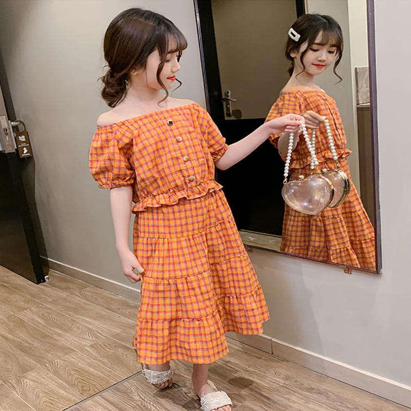 Girls Summer Korean Cake Skirt Suit Girl Western Style Cotton Plaid Short-sleeved Skirt Two-piece