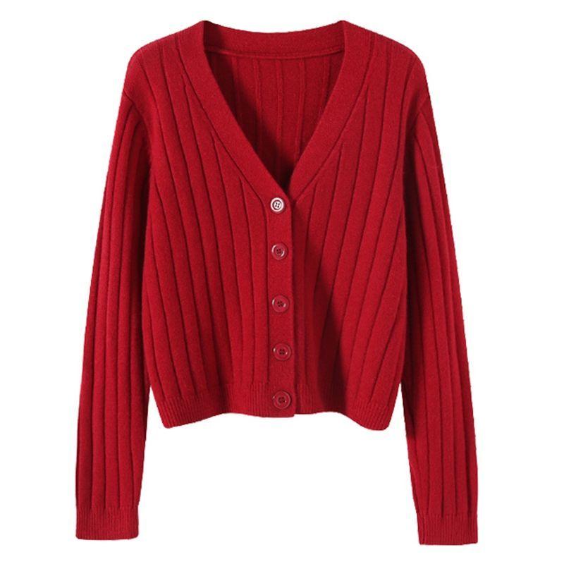 Autumn and Winter Short Style Loose Long-sleeved V-neck Sweater Knitted Cardigan Coat Shawl Solid Color Cropped Top Women