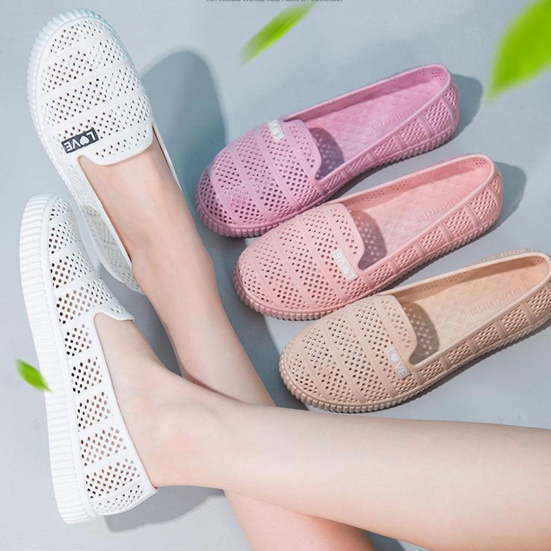 Summer Hollow Sandals Women Flat Bottom Breathable Flower Jelly Hole Shoes Soft Beach Fashion Rain Boots Women