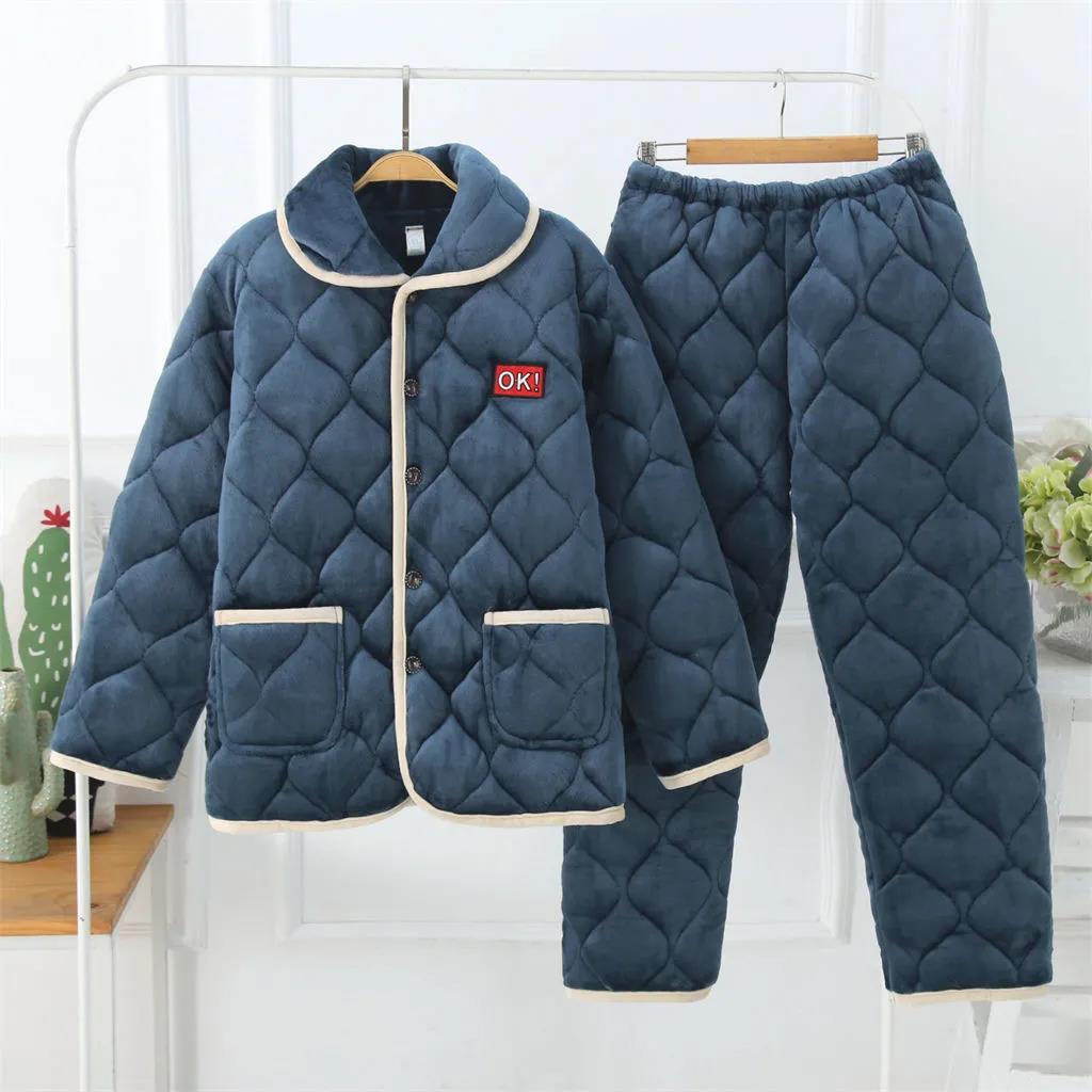 Autumn and Winter Men's Pajamas Ultra-thick Flannel Home Service Suit Solid Color Two-piece Set Sleepwear