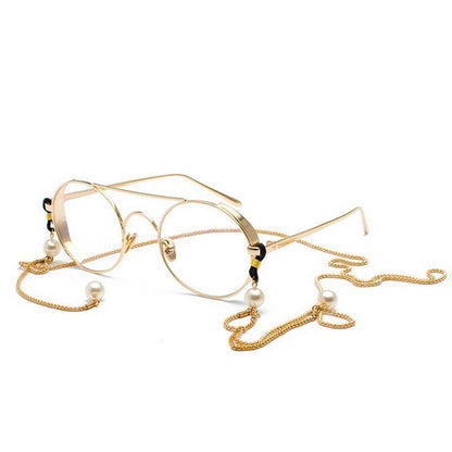 WTEMPO 2019 Retro Metal Glasses Frame Women Fashion Imitation Pearl Pendant Hanging Chain Eyeglasses