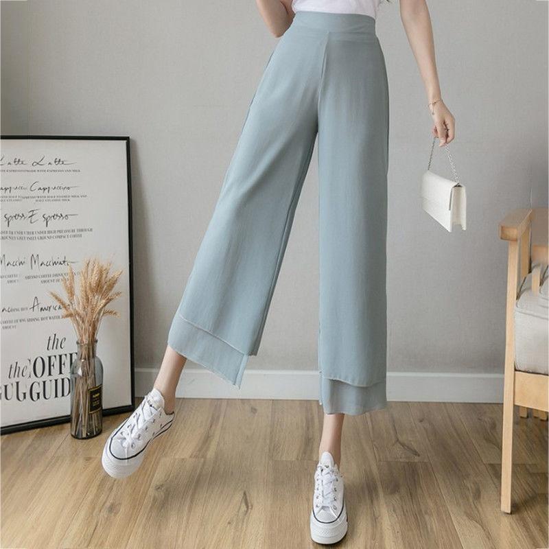 WTEMPO Solid Color Chiffon Wide-leg Pants Women Ruffle Loose High Waist Ankle-Length Pants Trousers Cool and Breathable