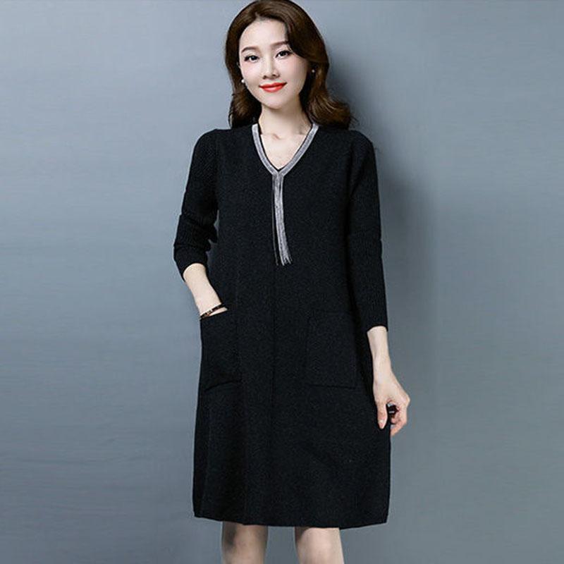 Autumn and Winter Knitted Simple Dress Mid-length Fashion Casual Bottoming Skirt Middle-aged Women Sweater Dress