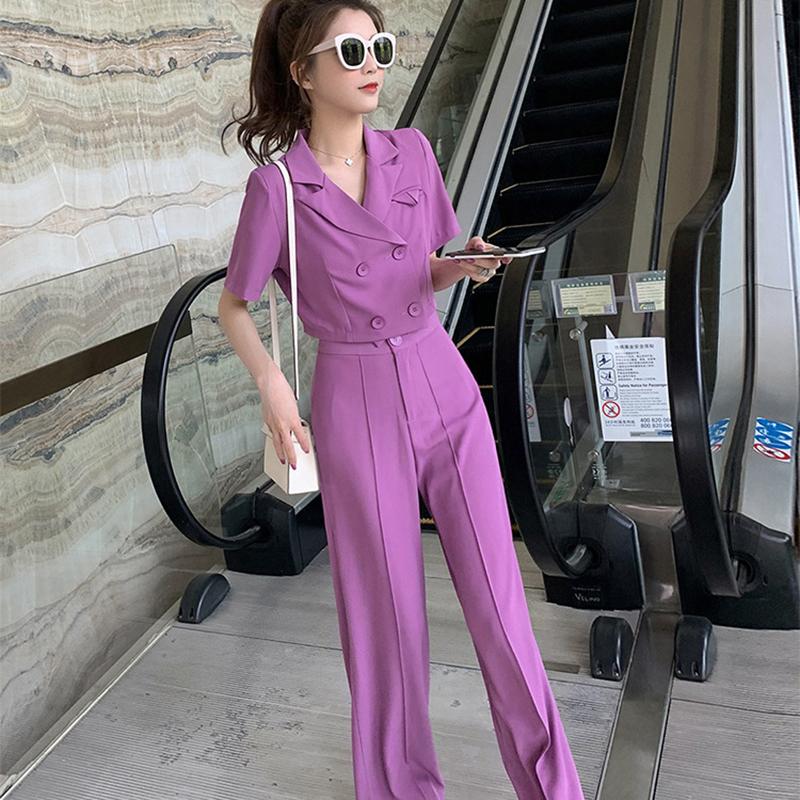 Summer Short Double-breasted Blouse with Wide Leg Trousers Suit Women's Casual Purple Two-piece Suit Women's Casual Suit Chiffon Fabric