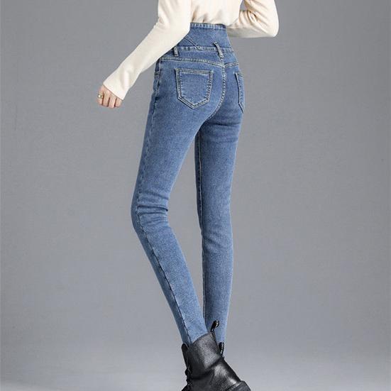 Women's Winter High Waist Plush Jeans Female Large Size Elastic Slim Pants Casual Warm Long Pencil Pants