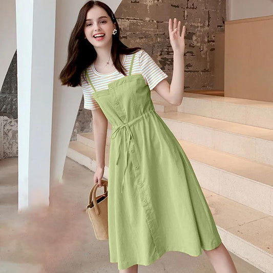 Simple Mid-length Round Neck Short-sleeved Dress A-line Version Waist Slimming Casual Skirt Ladies Loose Dress Large Size Dress