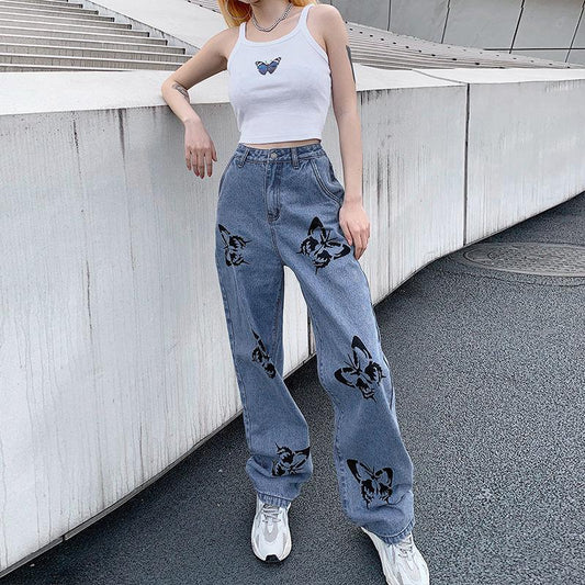 Butterfly Print Straight-leg Jeans Vintage Jeans Loose Streetwear Women's High-waisted Slim and Versatile Drape Loose Mopping Casual Pants