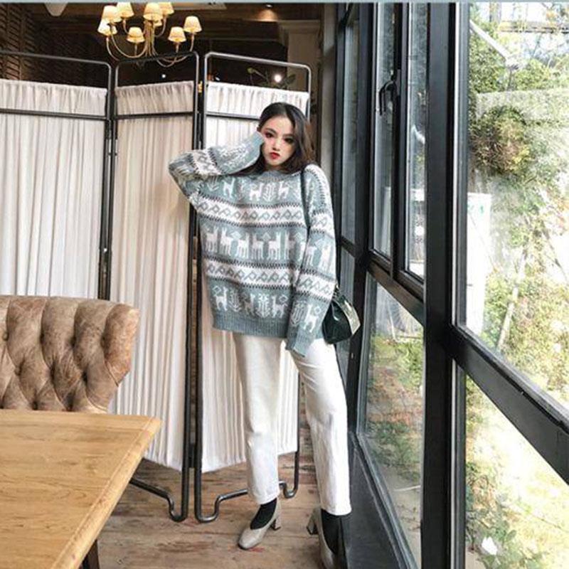 Vintage women christmas sweaters loose mid-length pullover thickened O-neck Fawn printing sweater